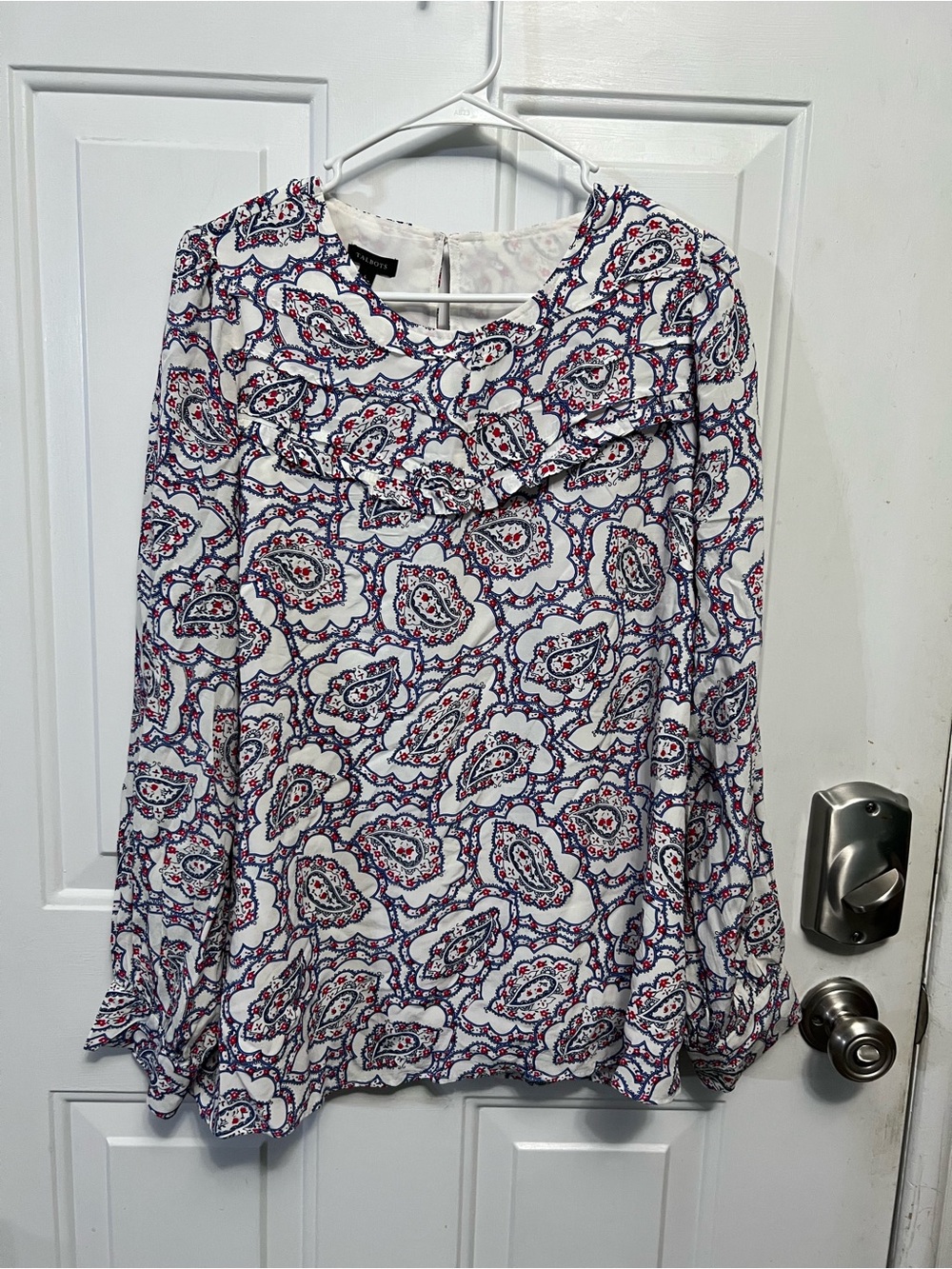 Talbots Womens Large Paisley Blouse Red White Blue Ruffle Yoke Button Front